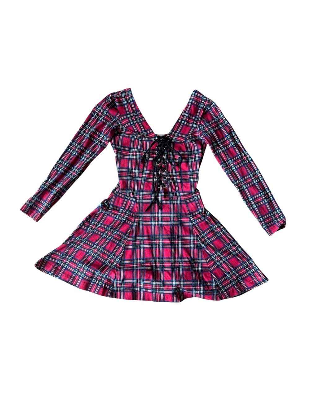 Lip Service Vintage Medium Tartan Plaid Dress Lace Long Sleeve Mini Punk Goth